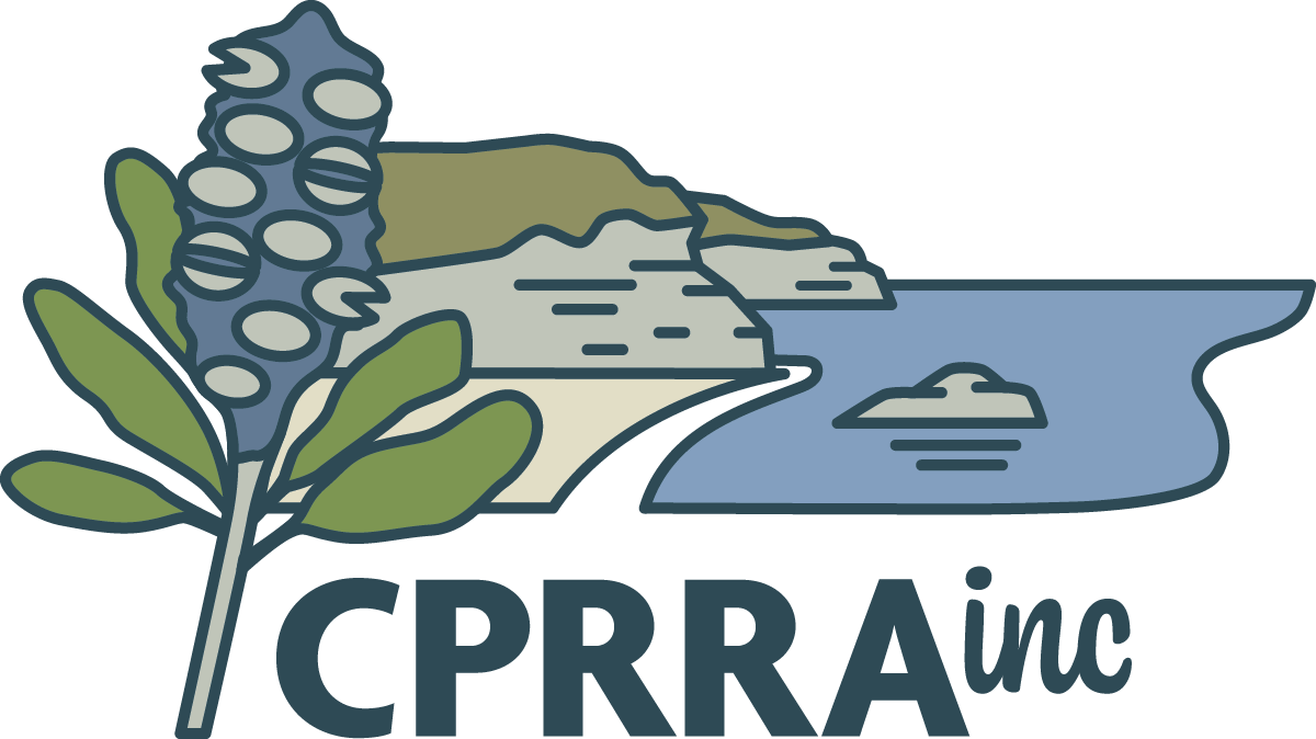 Logo of CPRRA Inc. featuring the cliffs and ocean of Cape Paterson with a banksia cone and leaves in the foreground.