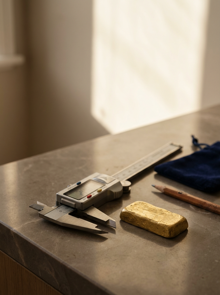 A digital caliper, a gold bar, a pencil, and a blue pouch are placed on a beige kitchen countertop, with warm natural light illuminating the scene.