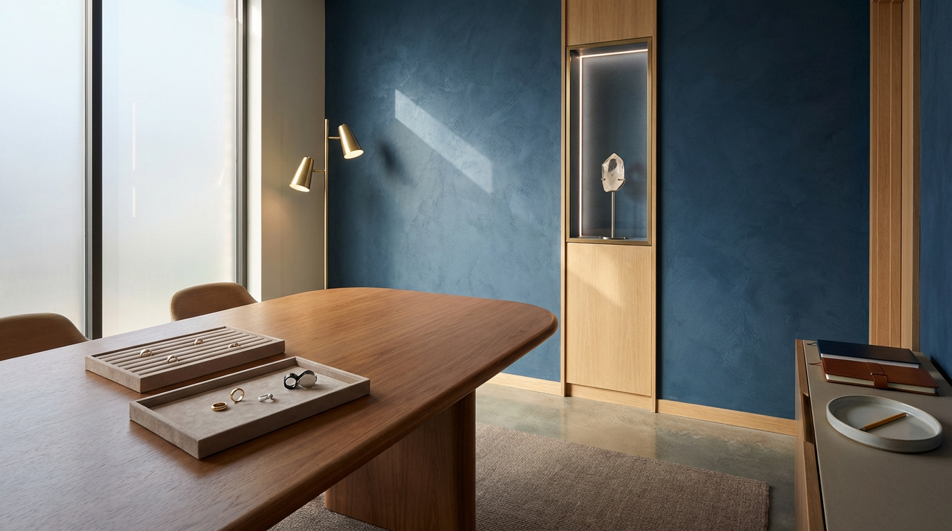 Modern jewelry display and workspace with a wooden table, blue textured walls, and natural lighting.
