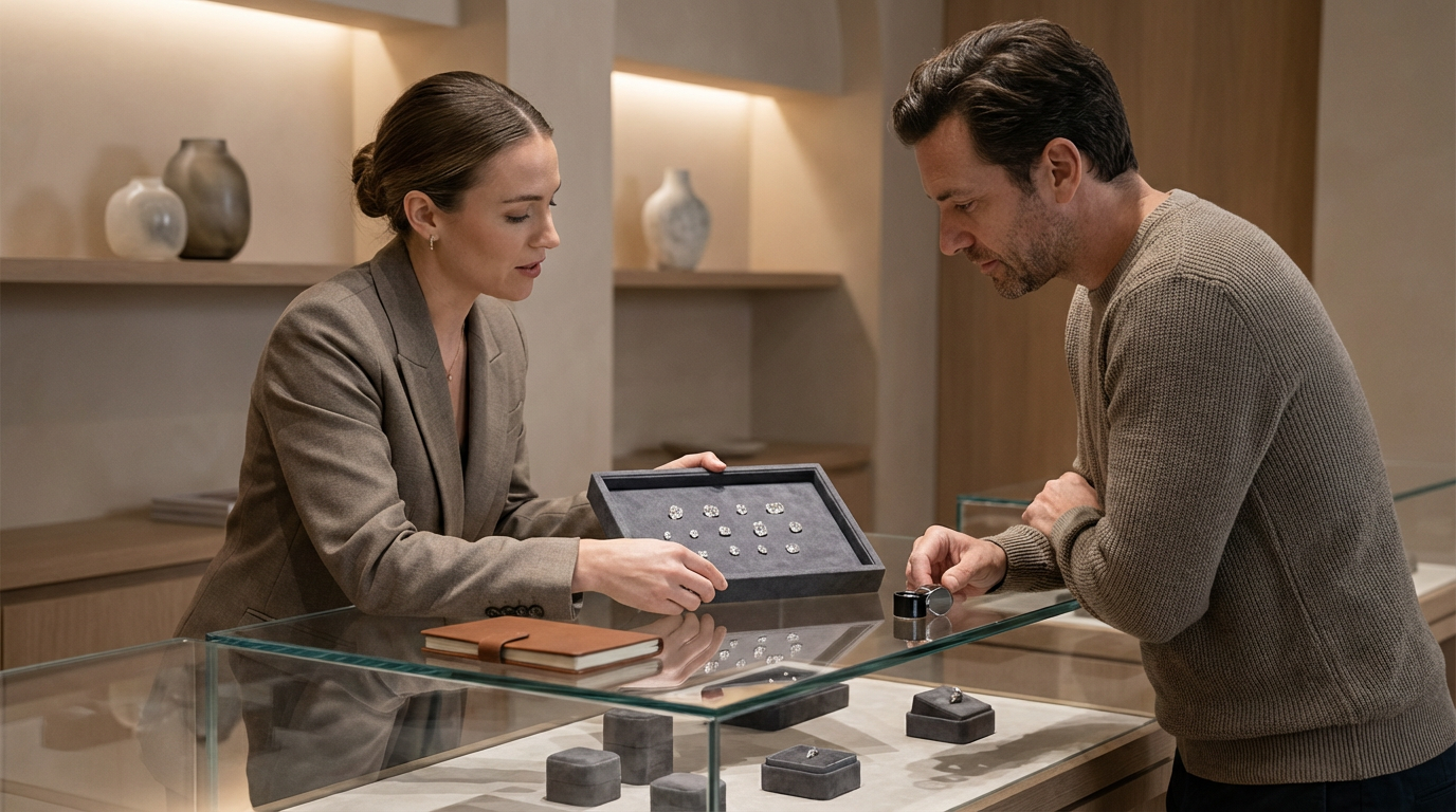 A woman and man are looking at jewelry, possibly rings, inside a glass display counter at a store.