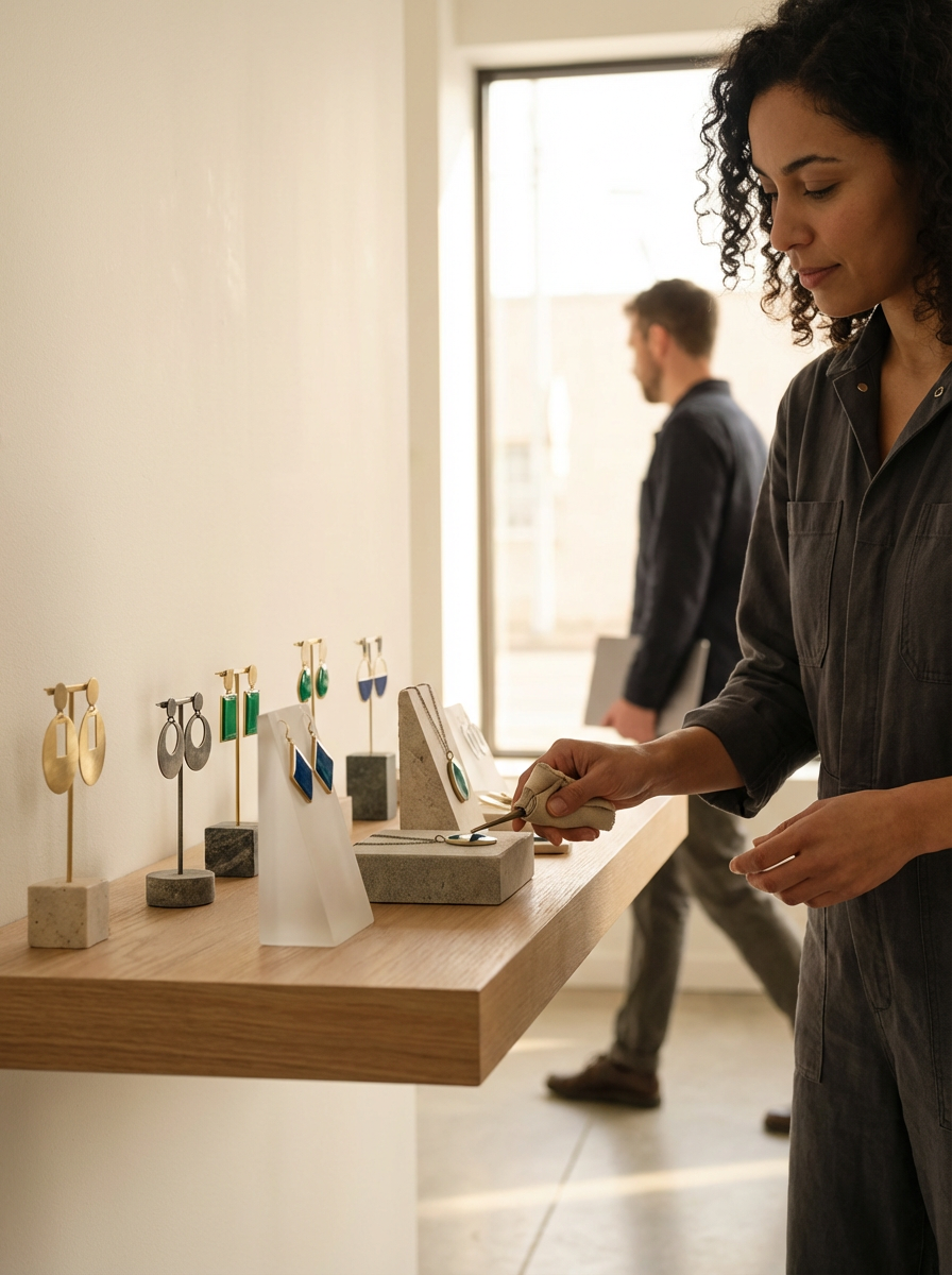 A woman in a black shirt looking at a display of earrings on a wooden table, with a man in the background walking past near a large window.