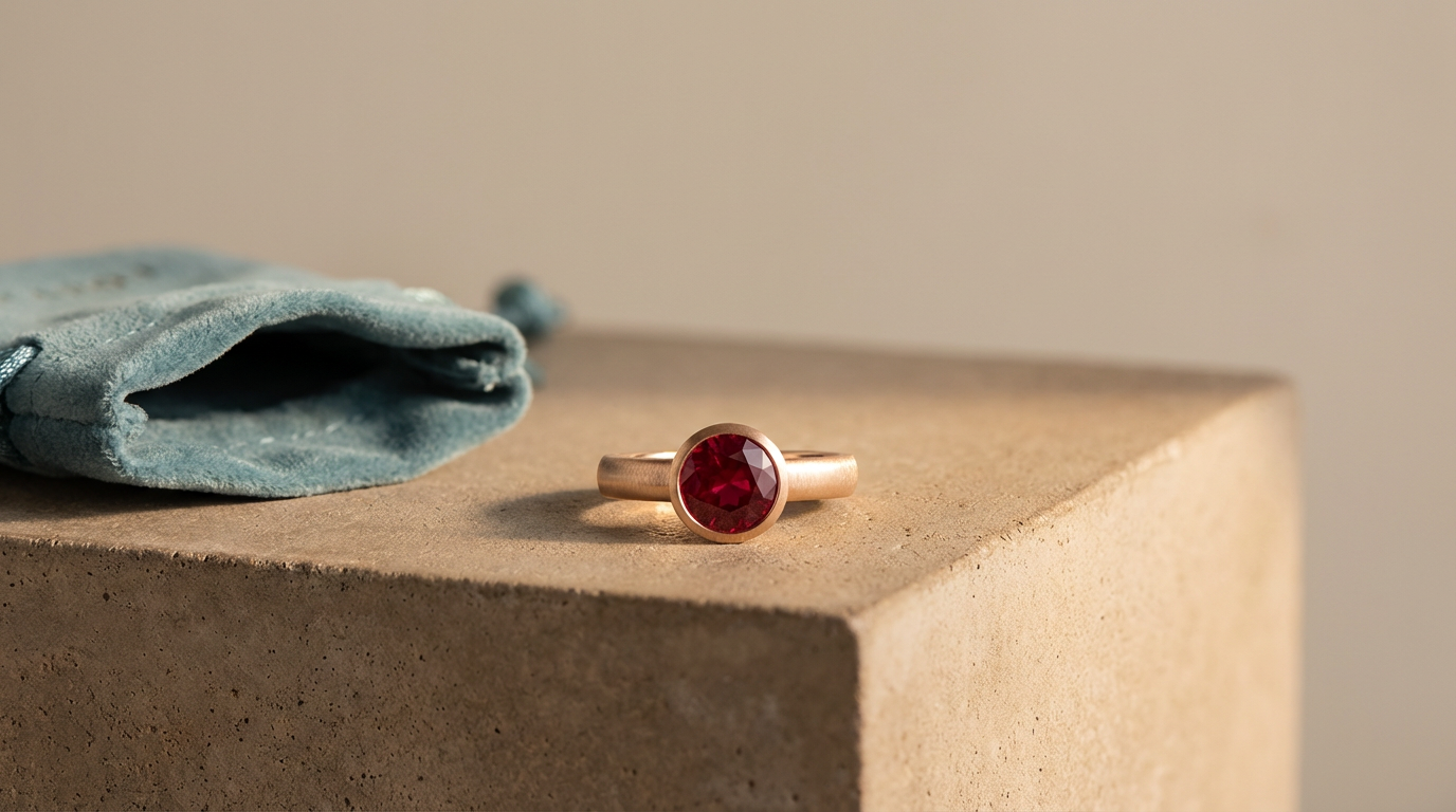 A gold ring with a large red gemstone placed on a beige surface, with a blue velvet pouch nearby.
