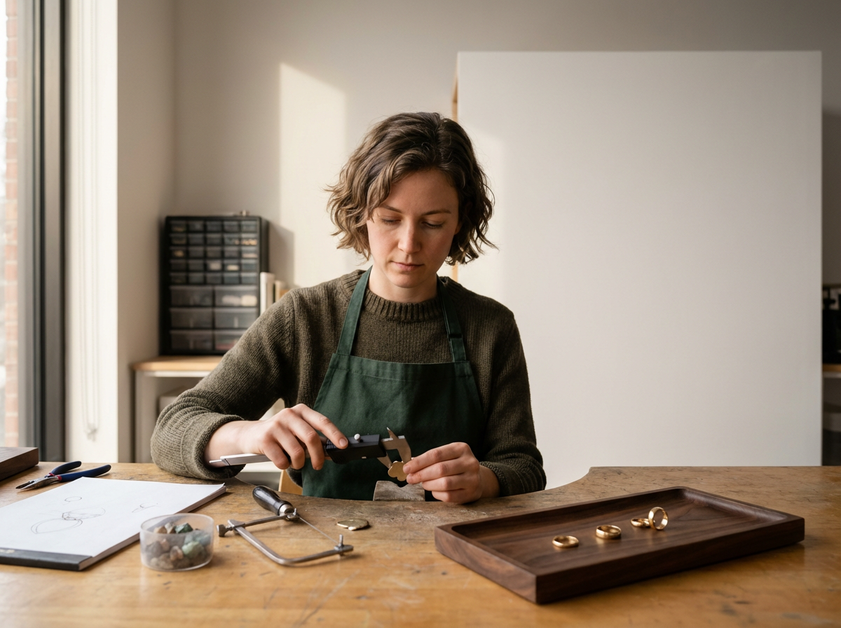 Woman working on jewelry making at a wooden table, using calipers to measure a piece of jewelry with rings and tools nearby.