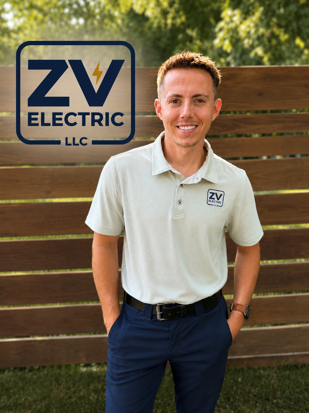 A man wearing a white polo shirt with a ZV Electric LLC logo, standing outdoors against a wooden fence, smiling, with a workplace logo on the wall behind him.