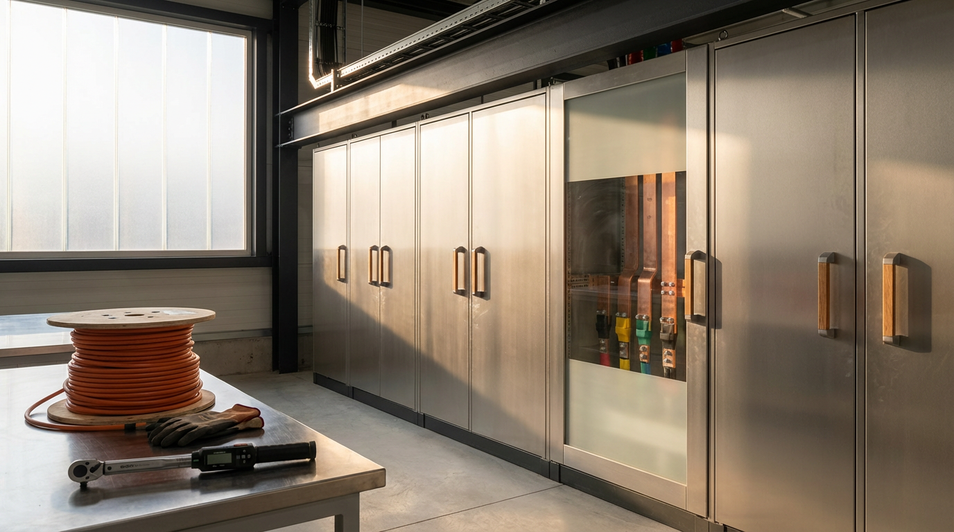 Industrial electrical closet with metal cabinets, a window, and a work table with an orange extension cord, gloves, and a digital wrench.