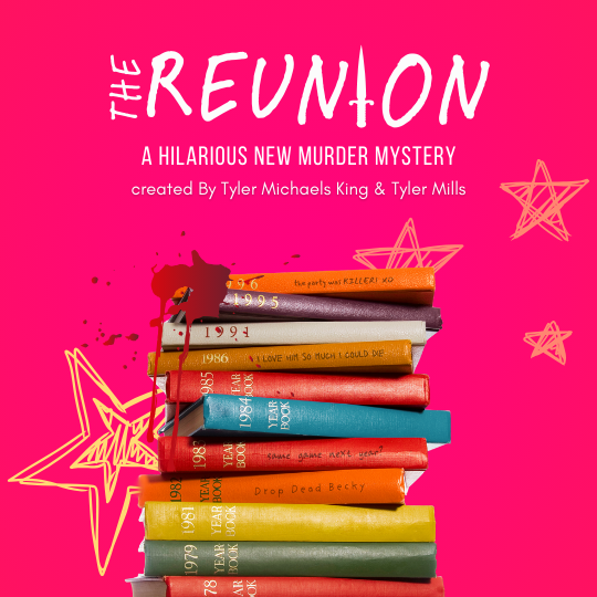 Book cover titled 'The Reunión,' featuring a stack of books with different colored covers and years, with pink background and star illustrations, promoting a murder mystery.