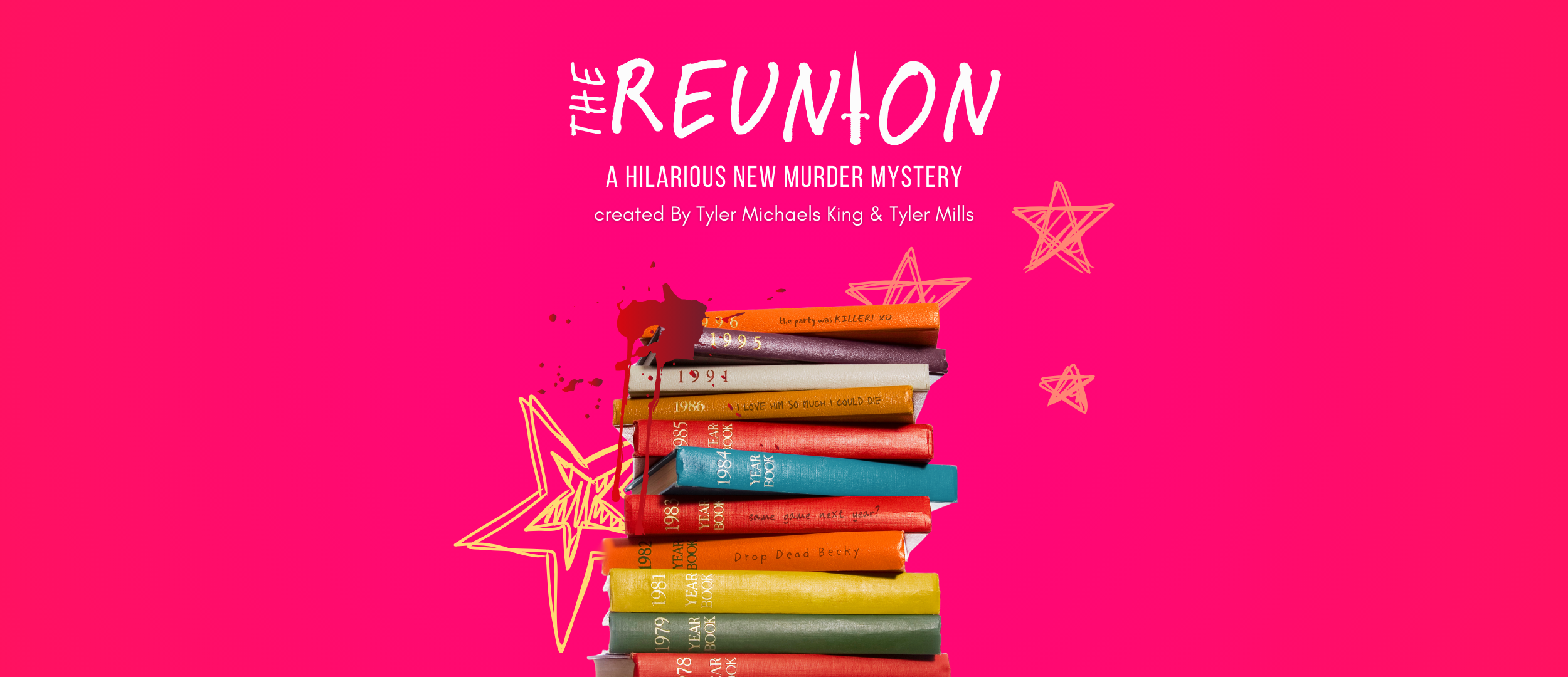 Pink book cover for 'The Reunion,' a murder mystery novel created by Tyler Michaels King & Tyler Mills, featuring a stack of colorful books and hand-drawn stars.