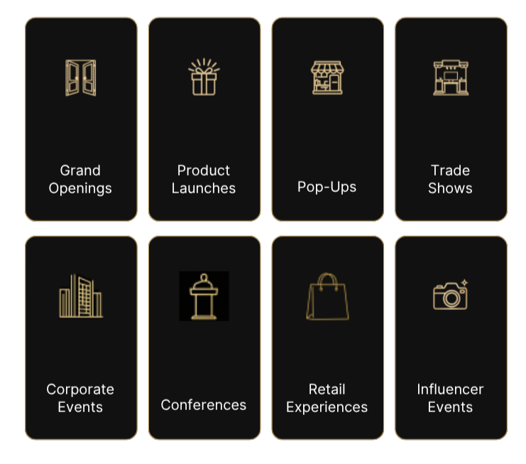 Icons representing different event types, including grand openings, product launches, pop-ups, trade shows, corporate events, conferences, retail experiences, and influencer events.