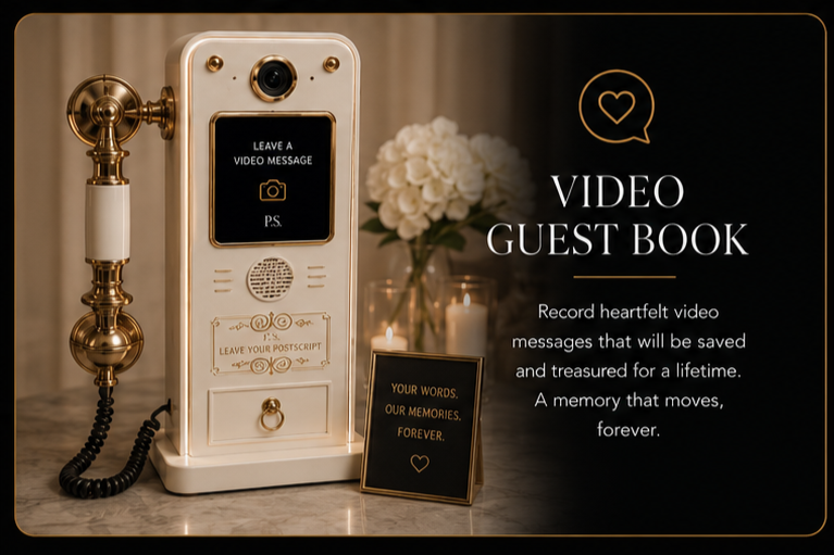 Vintage-style Chicago video guest book rental station with a smartphone device, a small sign, and a vase of white flowers on a marble surface.