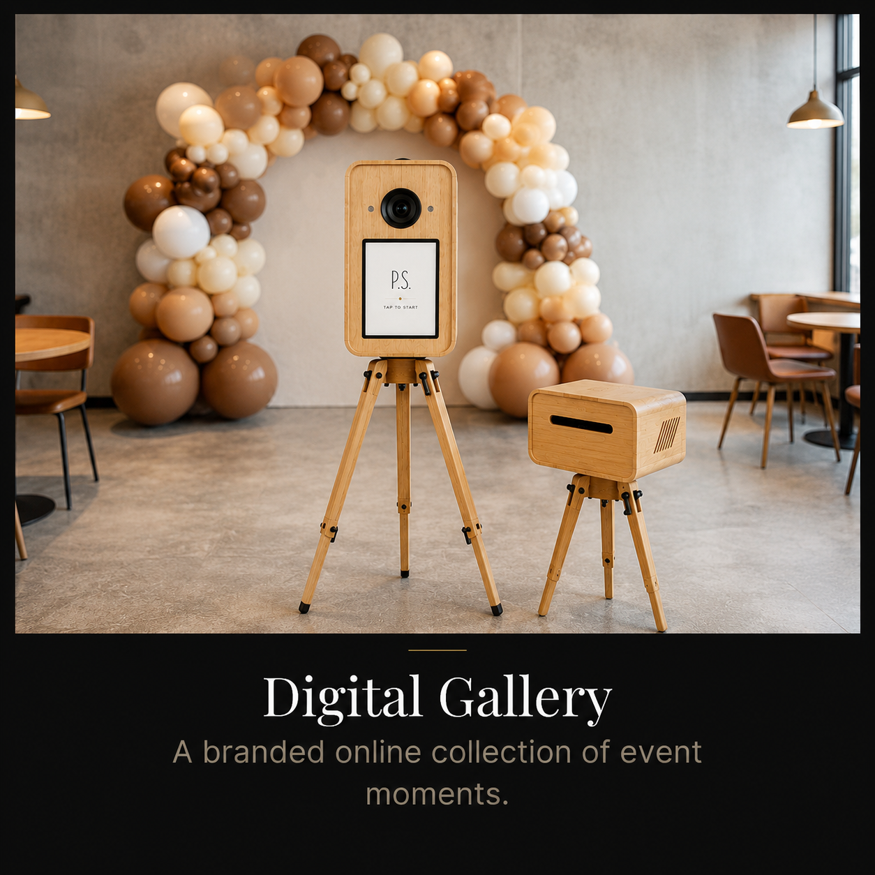 A photo of a modern interior with a balloon arch in shades of white, cream, and brown in the background. In the foreground, there is a wooden photo booth with a screen displaying 'P.S. TAP TO START' and a small wooden stool beside it.