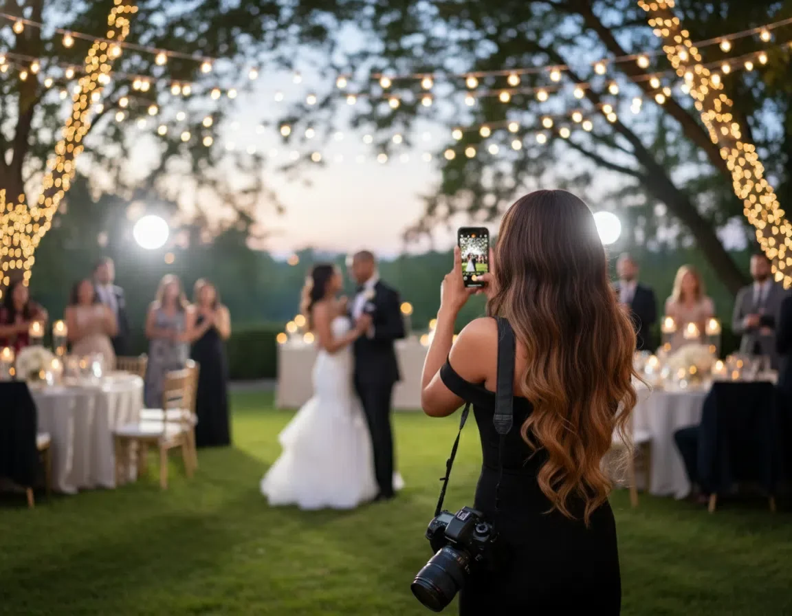 A woman with long wavy hair taking a photo with her phone at a wedding reception outdoors during sunset, under string lights with other guests and a bride and groom in the background.