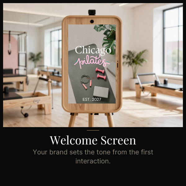 Welcome screen for Chicago Pilates featuring pink dumbbells, resistance bands, a yoga block, and a plant in a bright, airy studio.