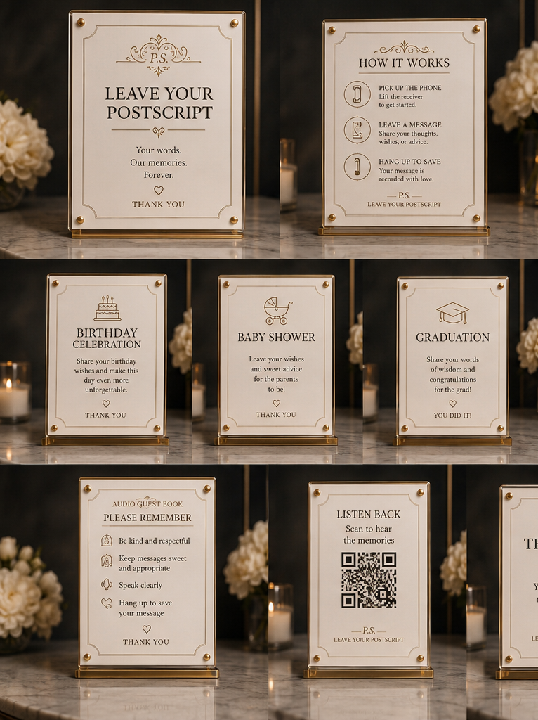 Signs with instructions and messages for a milestone event, including leave your postscript, how it works, birthday celebration, baby shower, graduation, guest book etiquette, and listening back via a QR code.