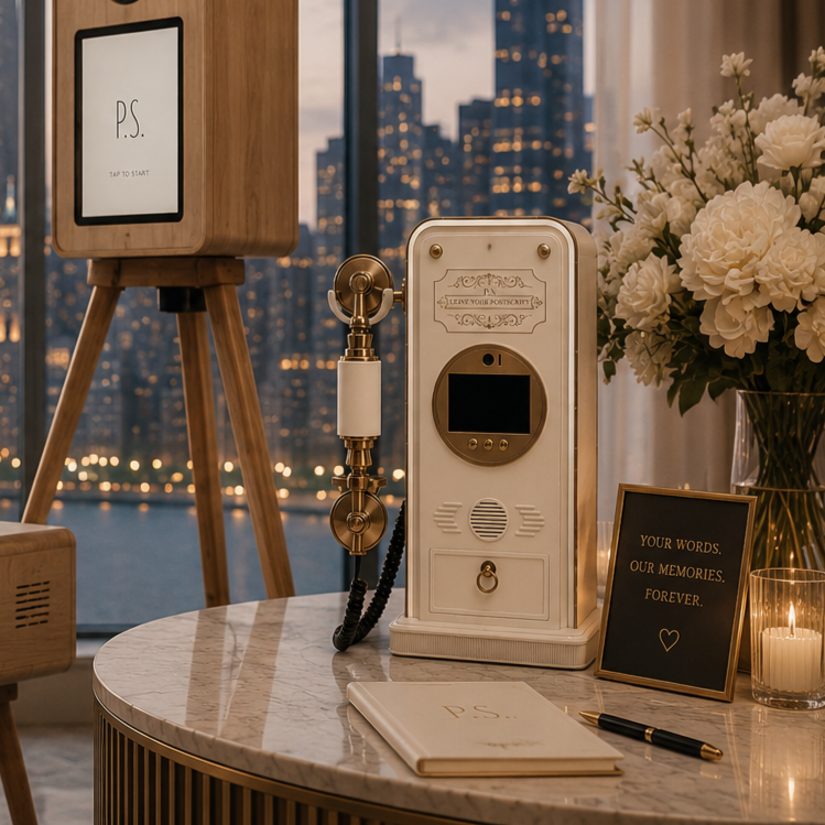 A Chicago vintage telephone booth with a screen, a framed quote about memories, a lit candle, and a bouquet of white flowers on a marble table with a city skyline in the background. Photo Booth Chicago Rentals and Event Design