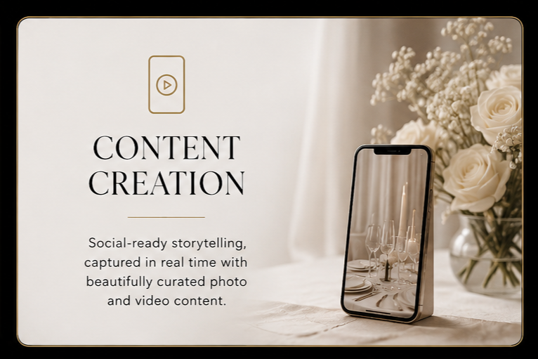 A promotional screen showing a smartphone displaying a photo of a table setting with wine glasses and candles, alongside a bouquet of white roses and flowers, with text about content creation.