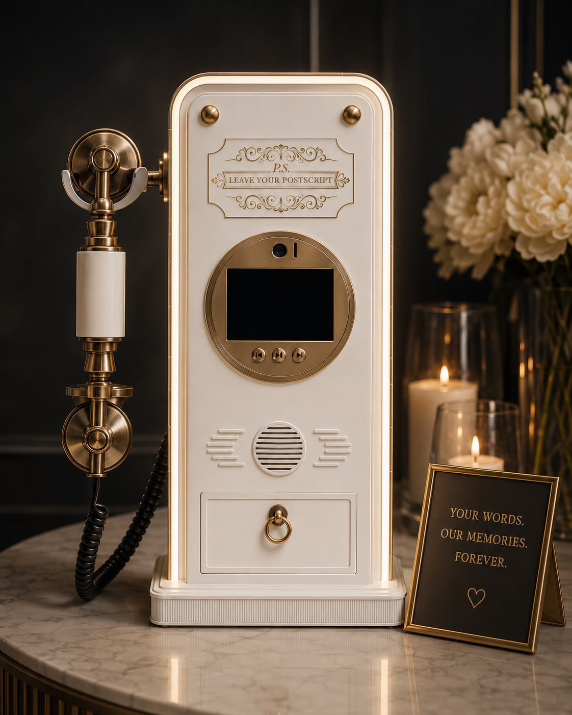 Elegant vintage-style landline phone with a small screen, decorative label saying 'P.S. Leave Your Postscript,' set on a marble table beside candles, flowers, and a framed sign that says 'Your Words. Our Memories. Forever.'