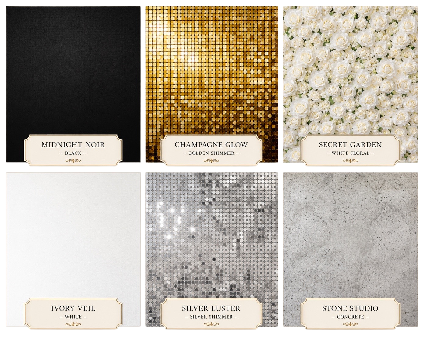 Color samples of decorative surfaces including Midnight Noir black, Champagne Glow golden shimmer, Secret Garden white floral, Ivory Veil white, Silver Luster silver shimmer, and Stone Studio concrete. Chicago Photobooth backdrops