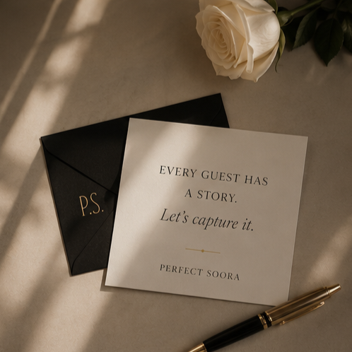 A white card with printed text, a black envelope with gold lettering, a white rose, and a black and gold pen on a light-colored surface.