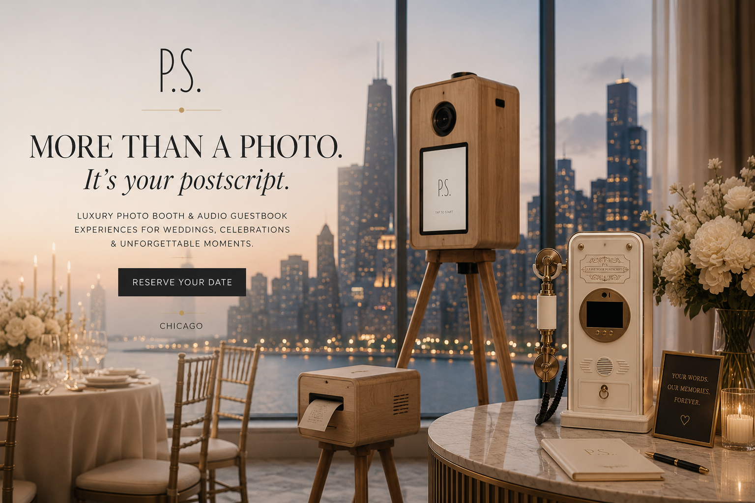 Interior of a luxury photo booth setup with a view of Chicago skyline at sunset, featuring a wooden photo booth, a print station, floral arrangements, and a table with decor.