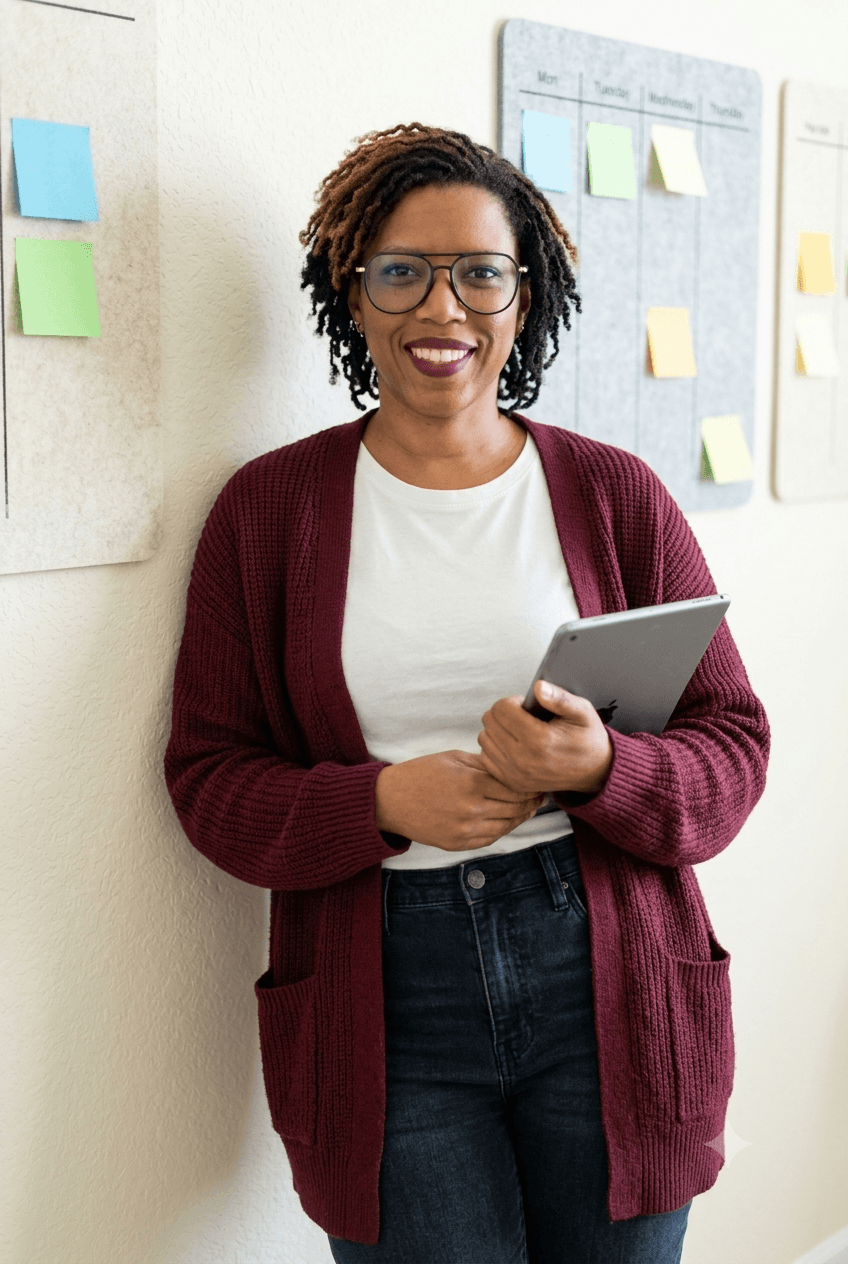 Woman standing by planning boards, reflecting the pattern-focused thinking behind her approach to systems.