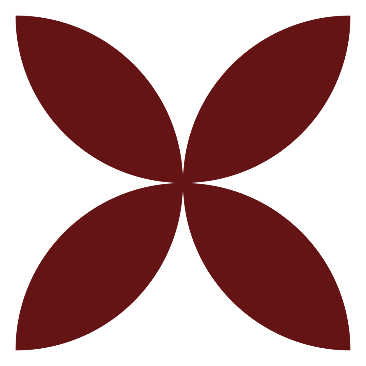 A symmetrical abstract design with four maroon leaf-like shapes on a black background, arranged in a cross pattern with points facing inward.