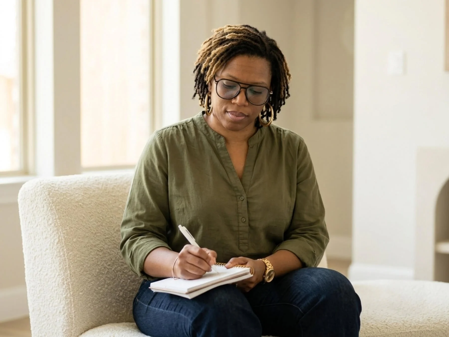 Woman writing in a notebook while relaxing, representing life and creativity outside of Tyloe Studio.