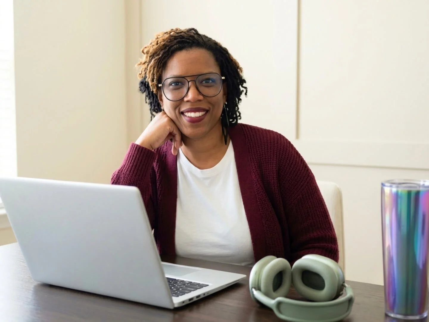 Woman smiling at her laptop, representing the understanding-first approach behind Tyloe Studio's process.