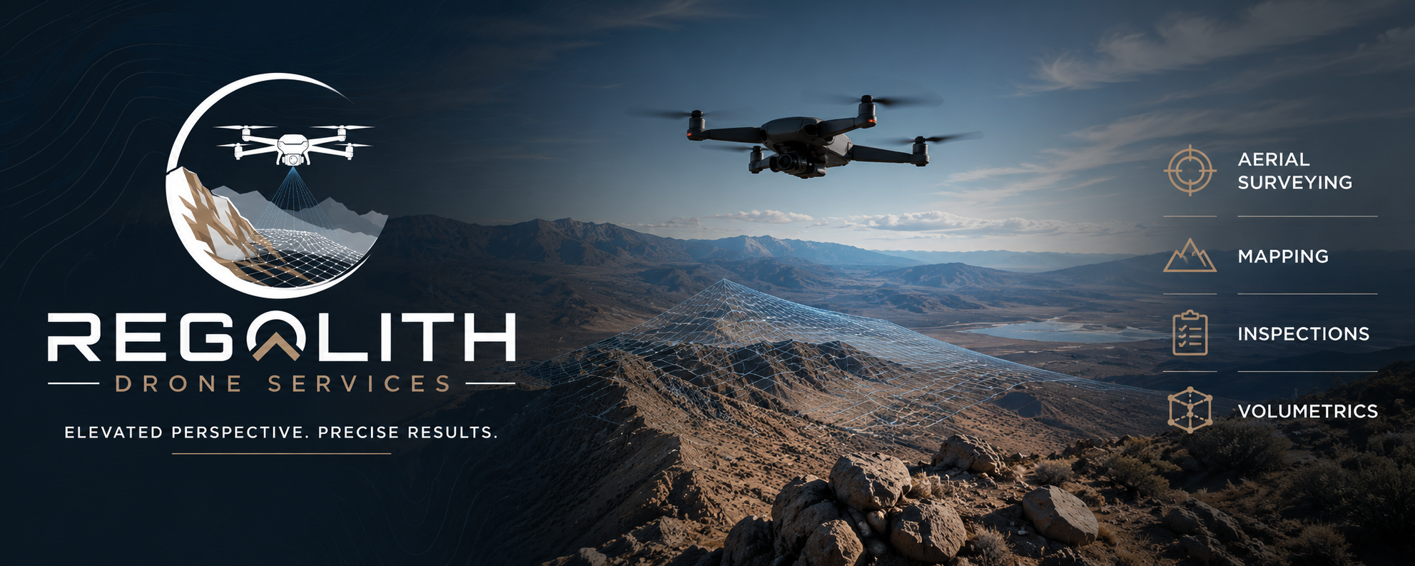 A promotional graphic for Reglith Drone Services showing a drone flying over a mountain landscape with digital mapping overlays. The image includes text highlighting aerial surveying, mapping, inspections, and volumetrics services.