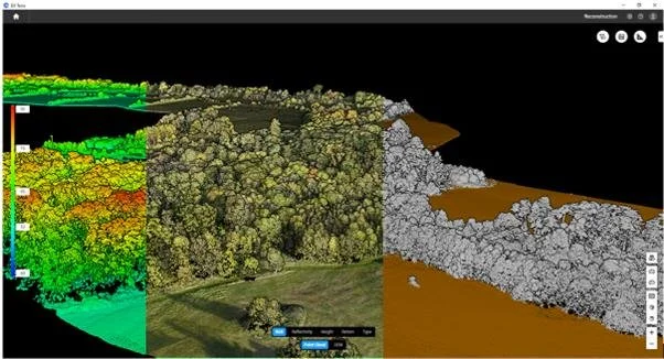 3D digital model of a landscape, showing different sections in various colors representing elevation, vegetation, and terrain types, with some parts in green, yellow, gray, and brown.