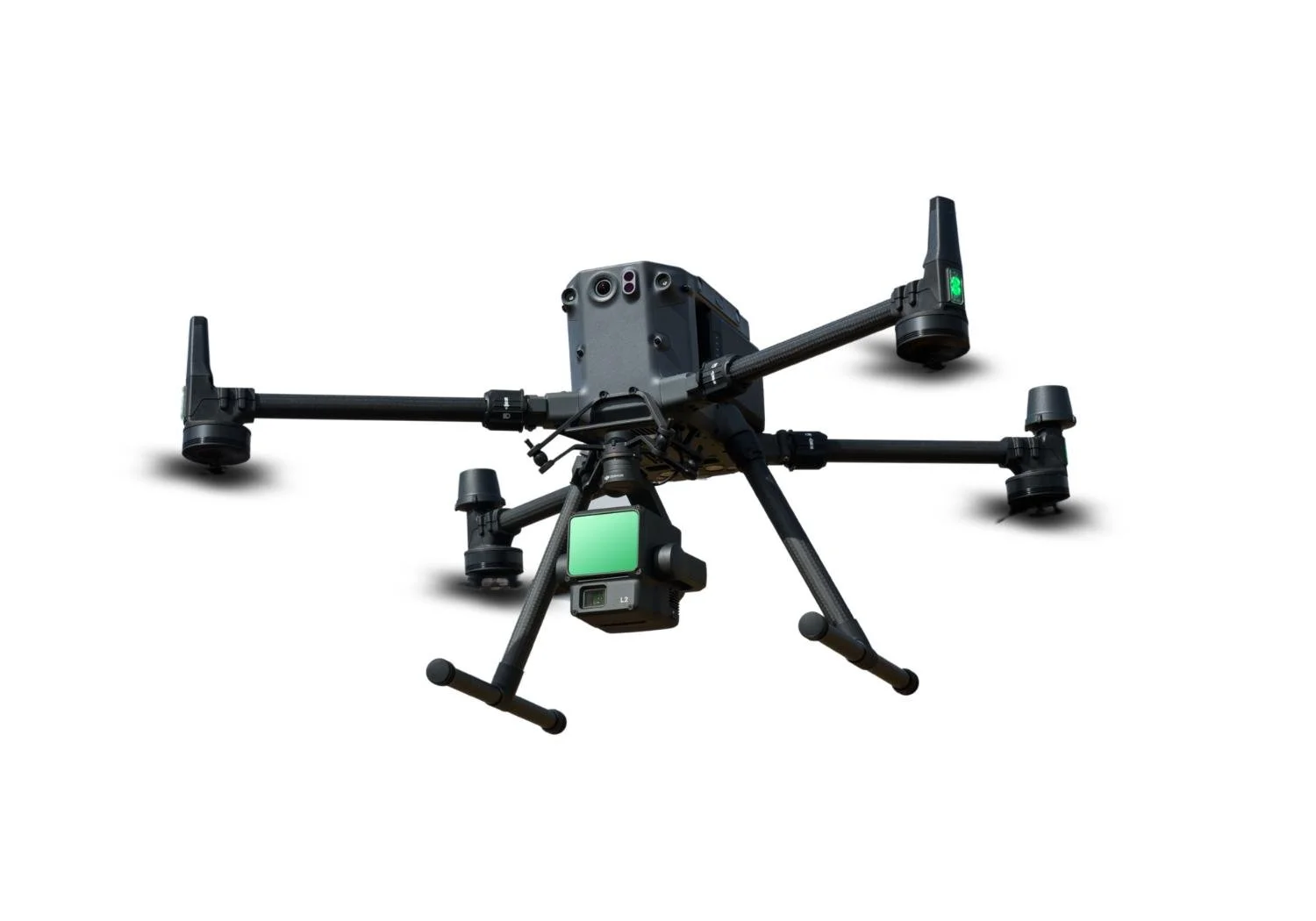 A professional drone with multiple rotors and camera equipment, set against a plain white background.