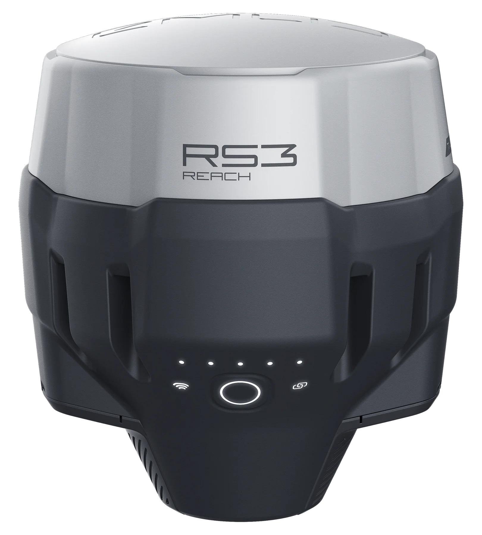 Close-up of a white and black robotic device with the label 'RS3 REACH' on the top, featuring multiple sensors and controls including Wi-Fi and power icons. Emlid Reach RS3 is a GNSS equipment used for colelcting RTK and GCP data points. 