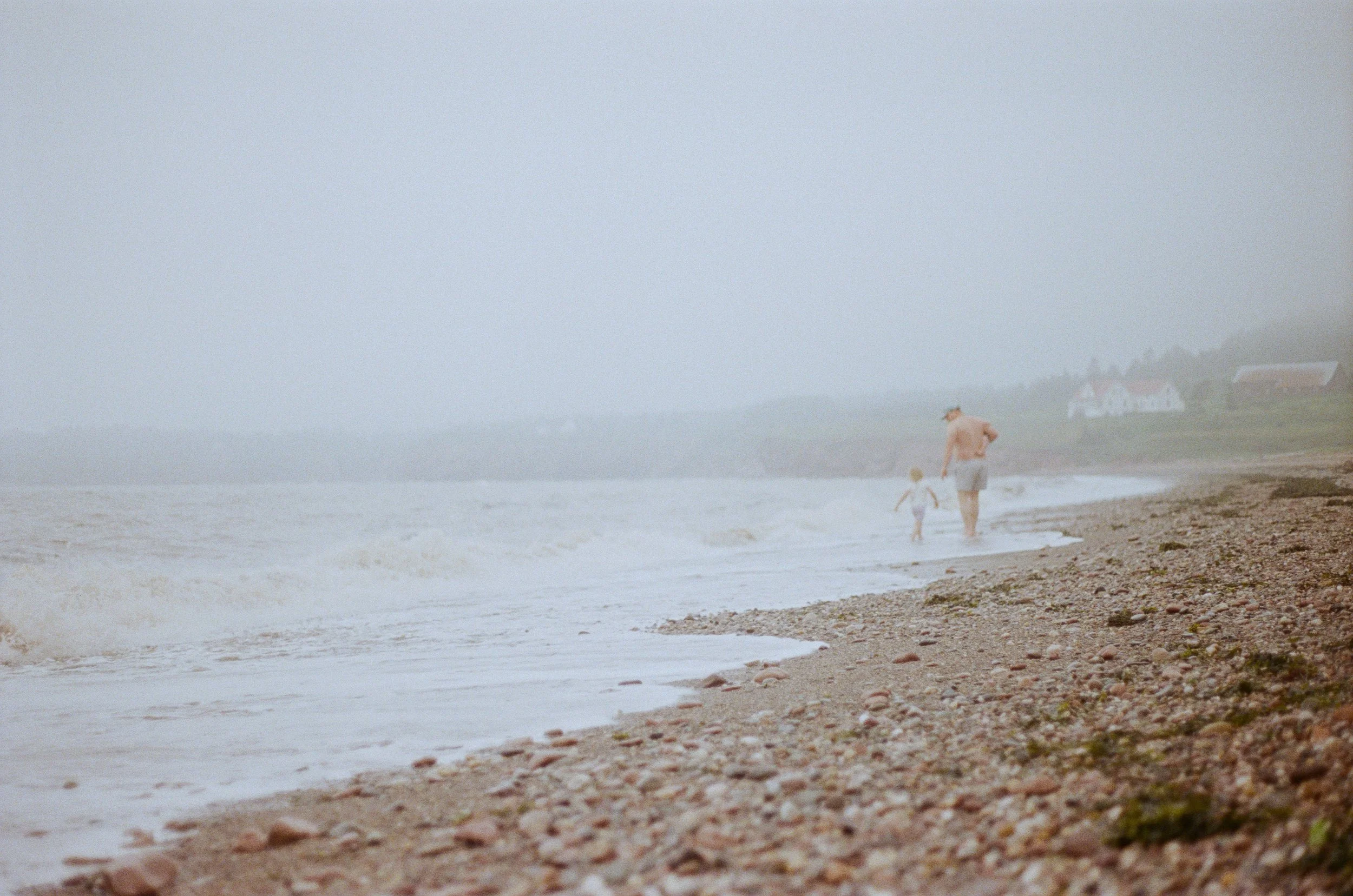 A person and a child walking along the shoreline of a beach on a foggy day, with houses visible in the distance.