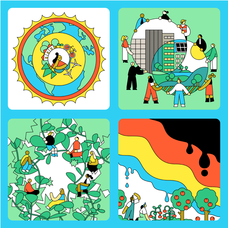 Four illustrations in bright colors by Rose Wong for the A Matter of Degrees podcast