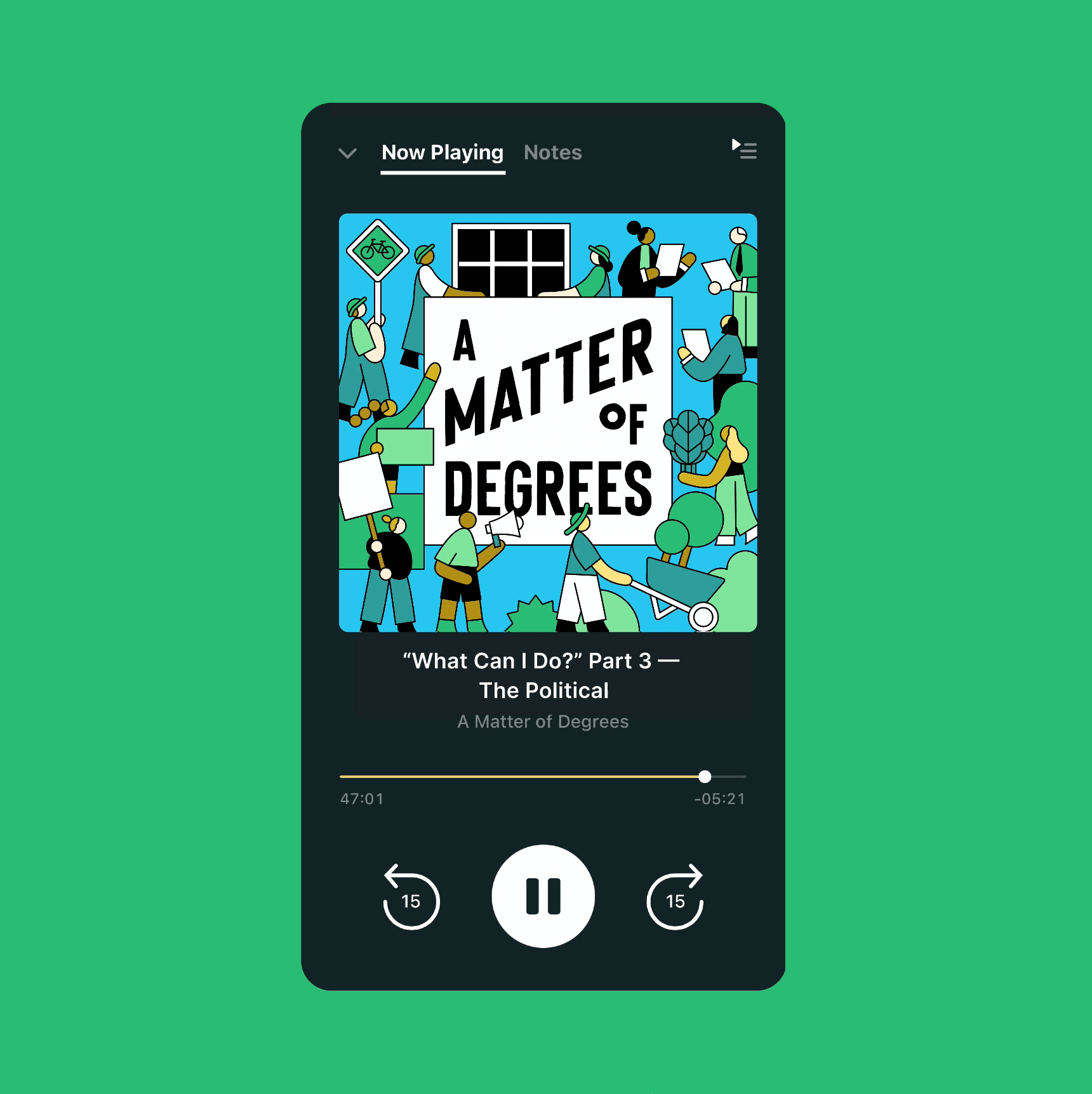 Screenshot of a podcast app playing an episode of A Matter of Degrees