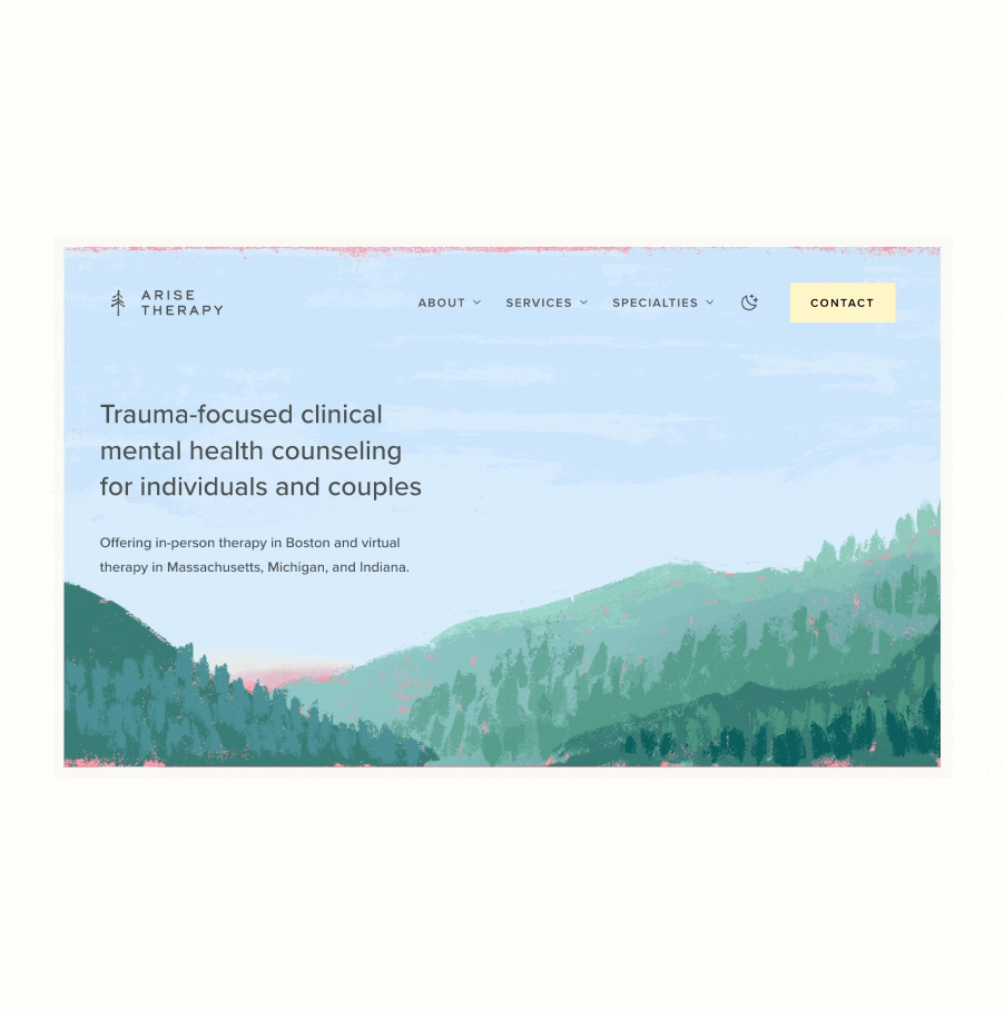 Screenshot of the website homepage of Arise Therapy