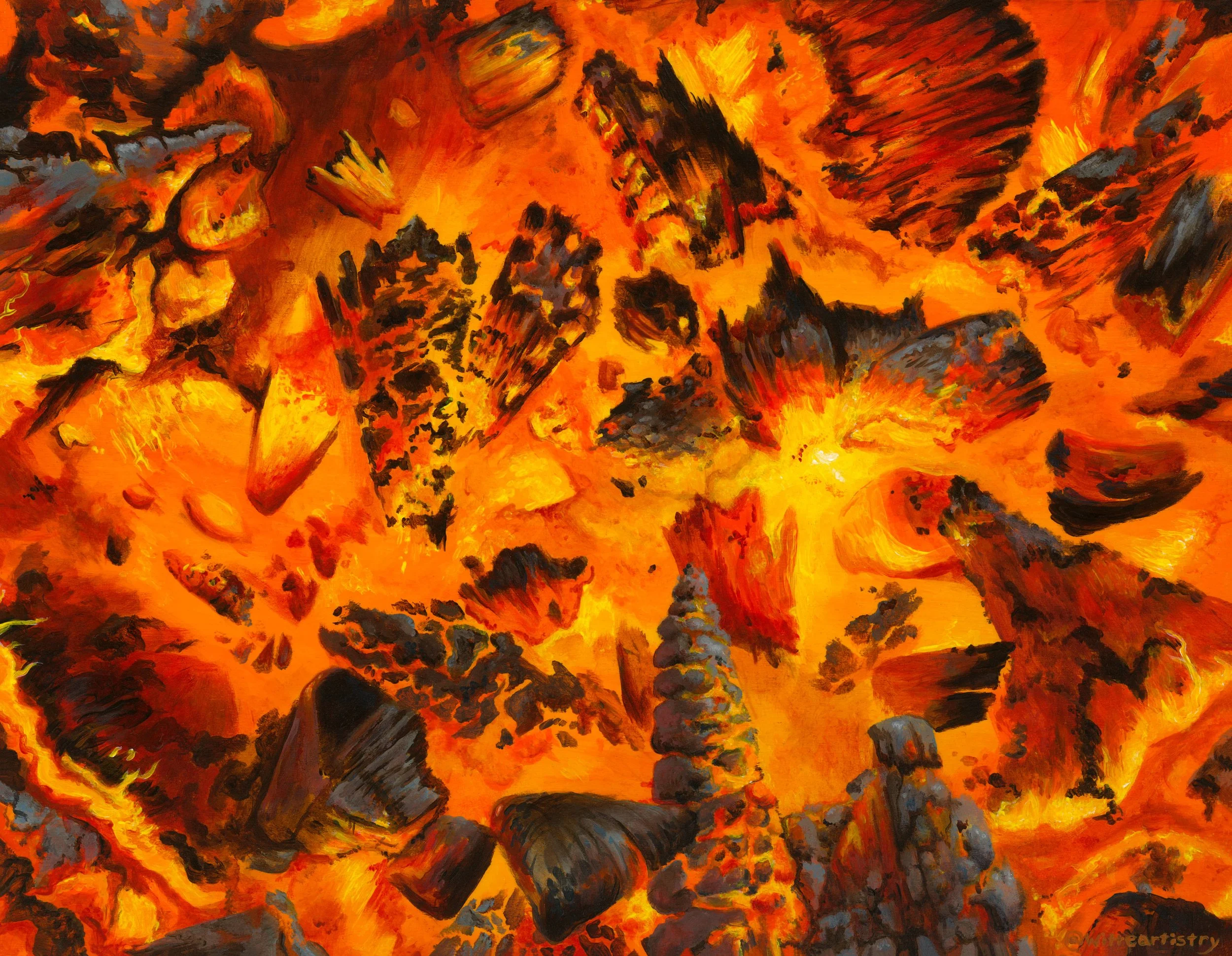 acrylic painting of a bonfire fire coals painted by kim witte witty of witte artistry