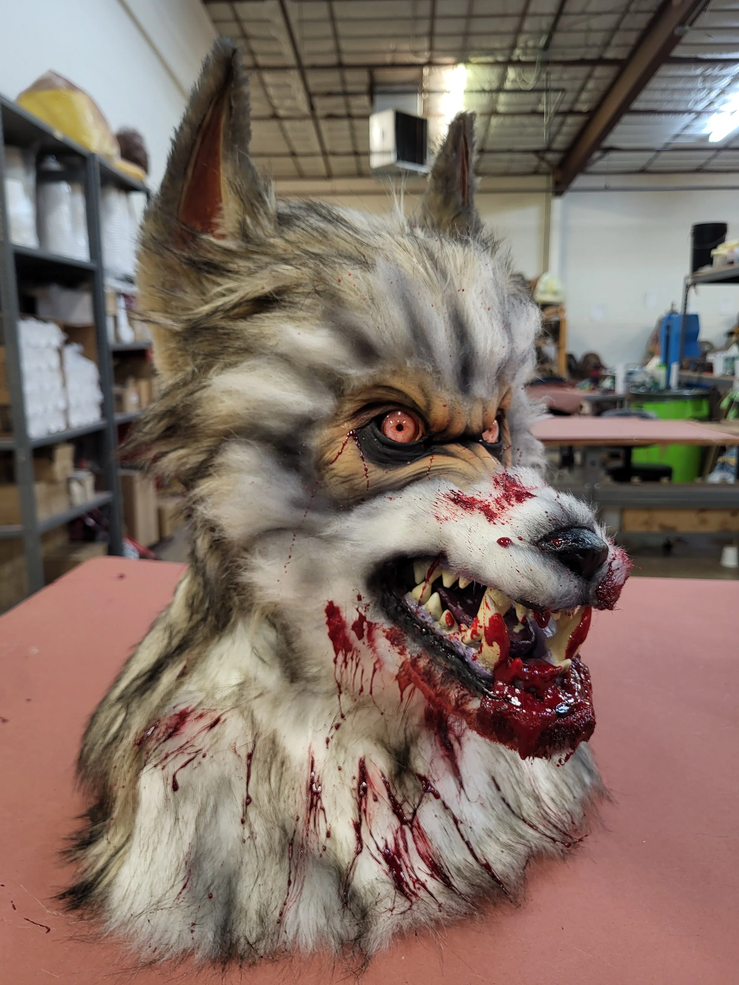 furry monster head prop of a bloody werewolf monster mouth witte artistry kim witte
