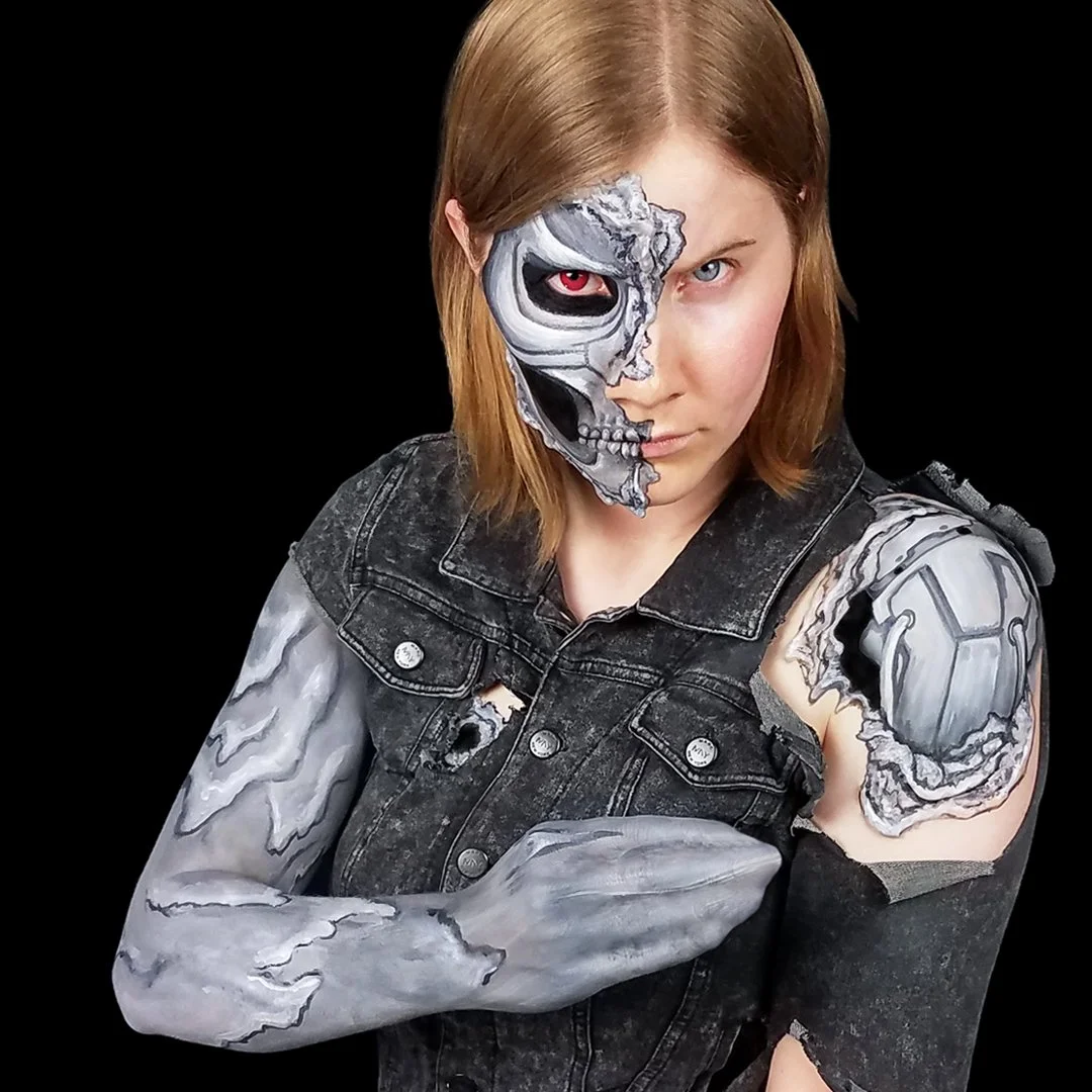 Terminator T2 Rev-9 robot makeup body painting by kim witte witte artistry witty kitty face painting madison wisconsin face painter