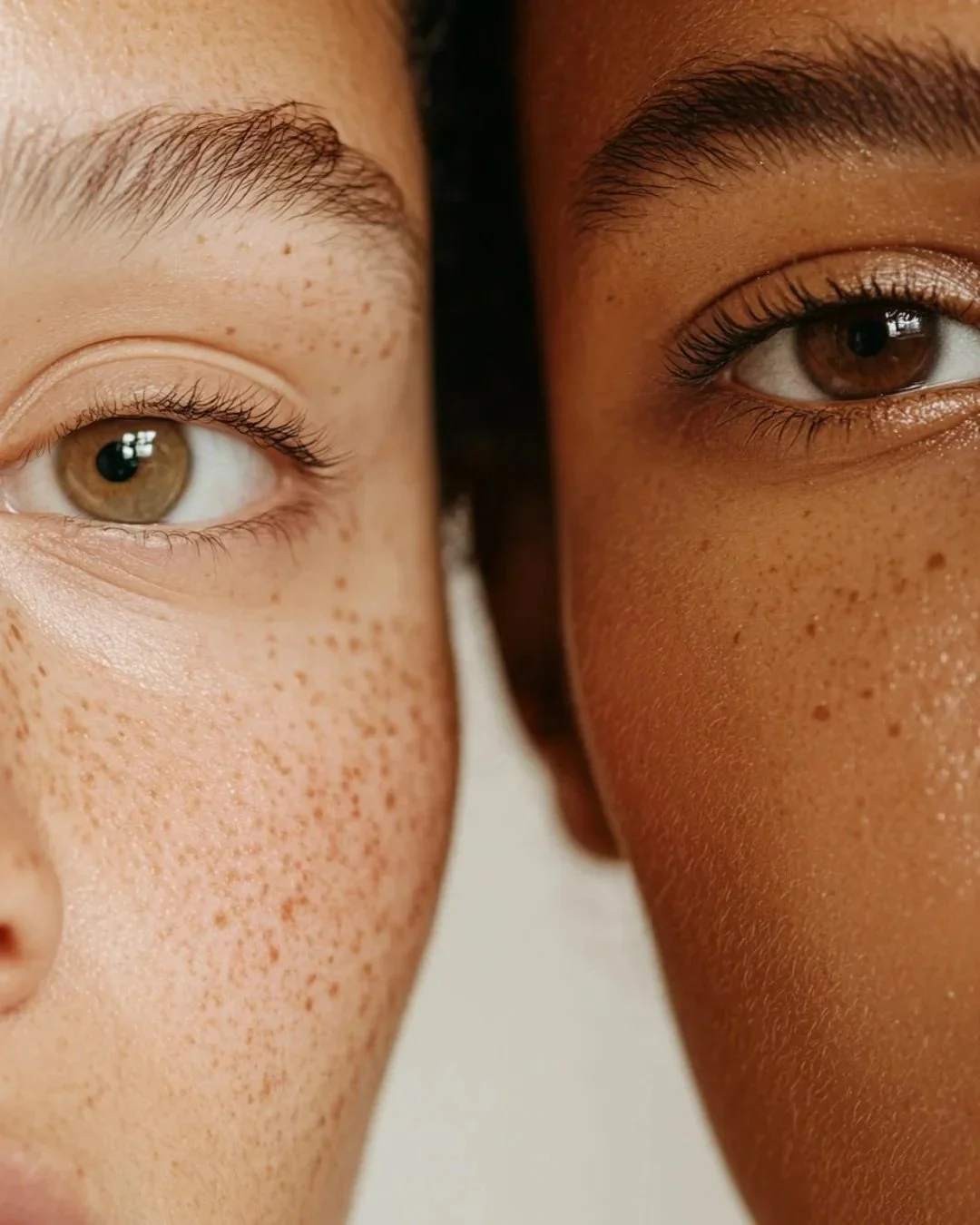 Close-up of the faces of two women, one with light skin and freckles, the other with darker skin, both showing their eyes and part of their cheeks.