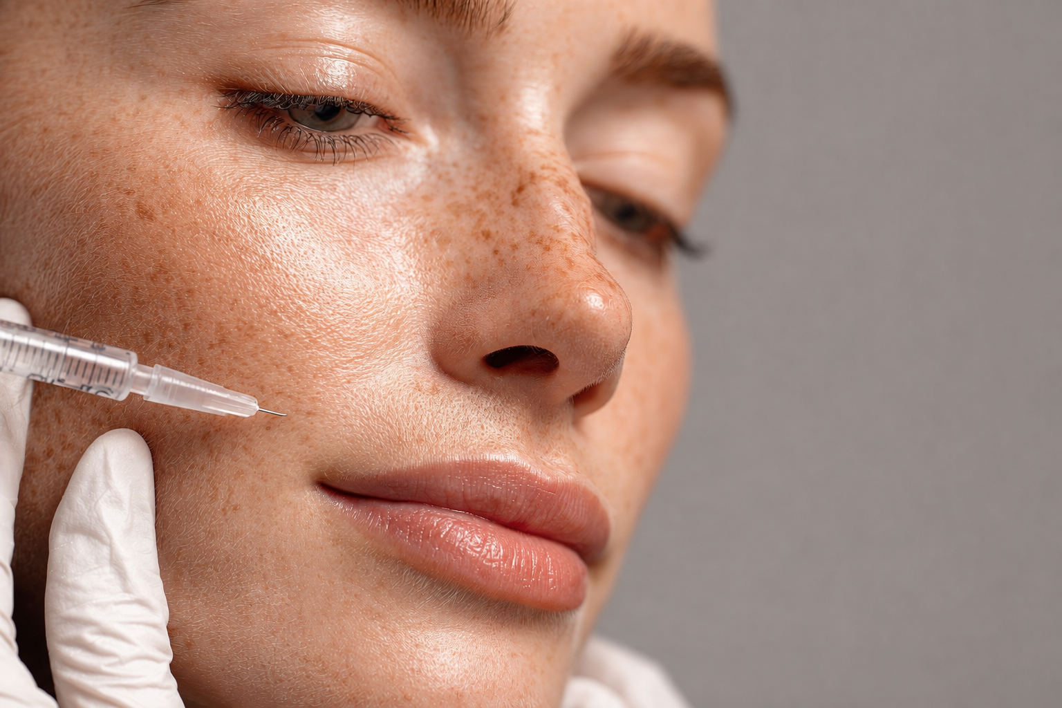 A woman with freckles receiving a cosmetic injection in her cheek from a healthcare professional wearing gloves.