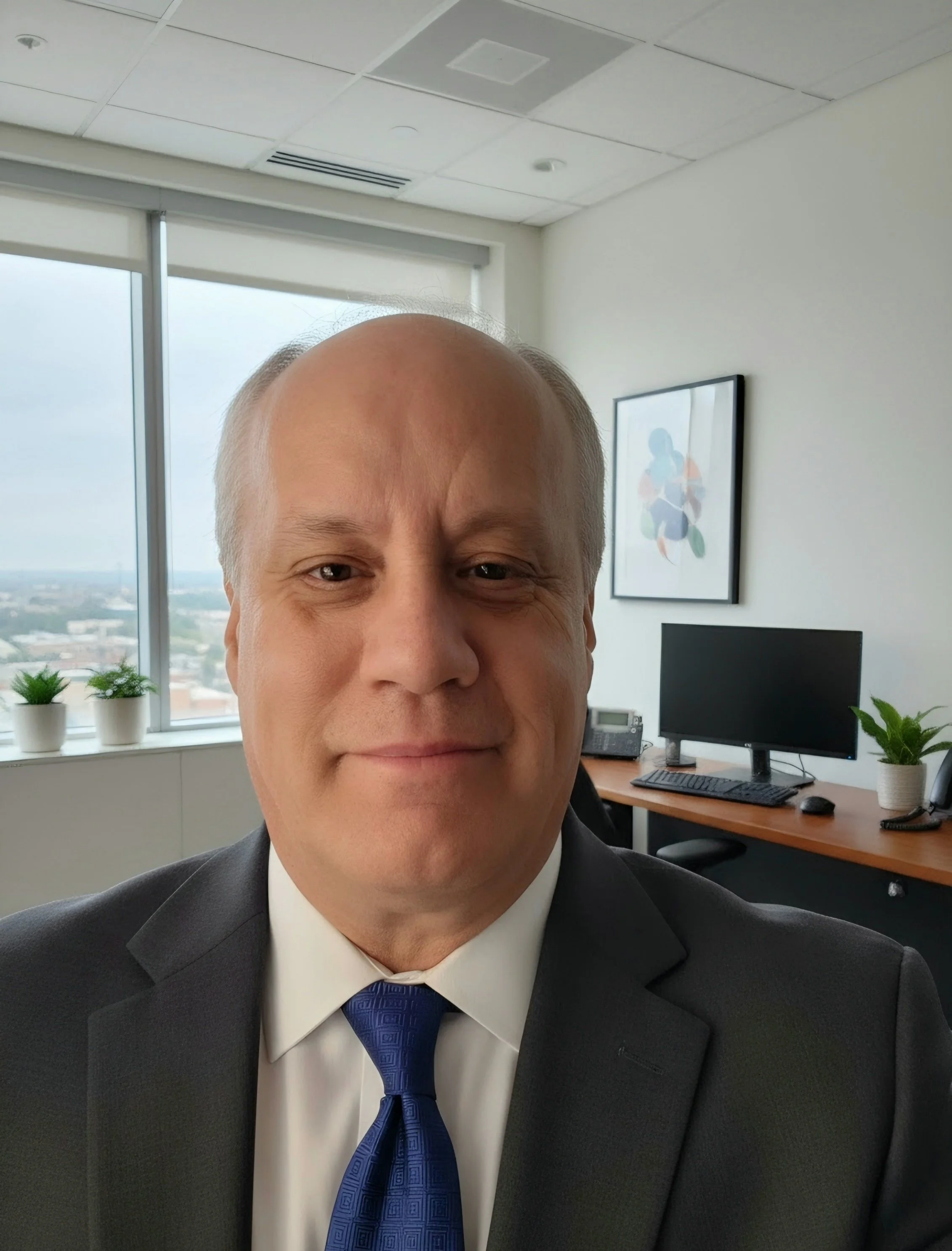 Close-up portrait of a middle-aged man in a suit and blue tie sitting in a bright office with windows, plants, and a computer monitor.