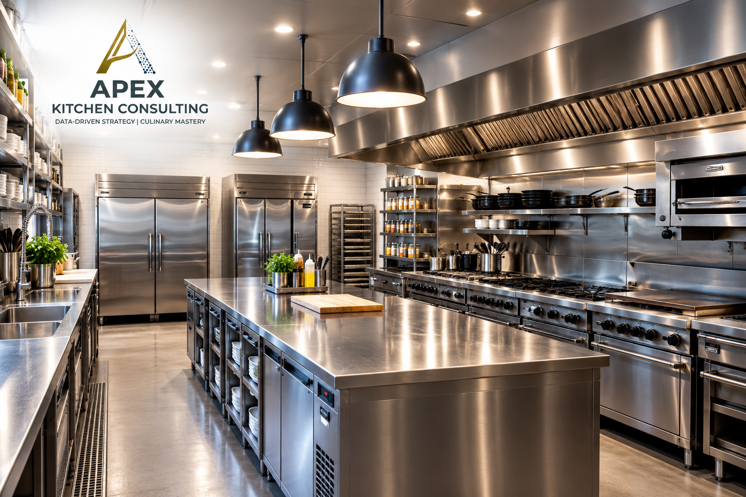 Commercial restaurant kitchen with stainless steel appliances, prep island, cooking range, ventilation hood, and Apex Kitchen Consulting logo