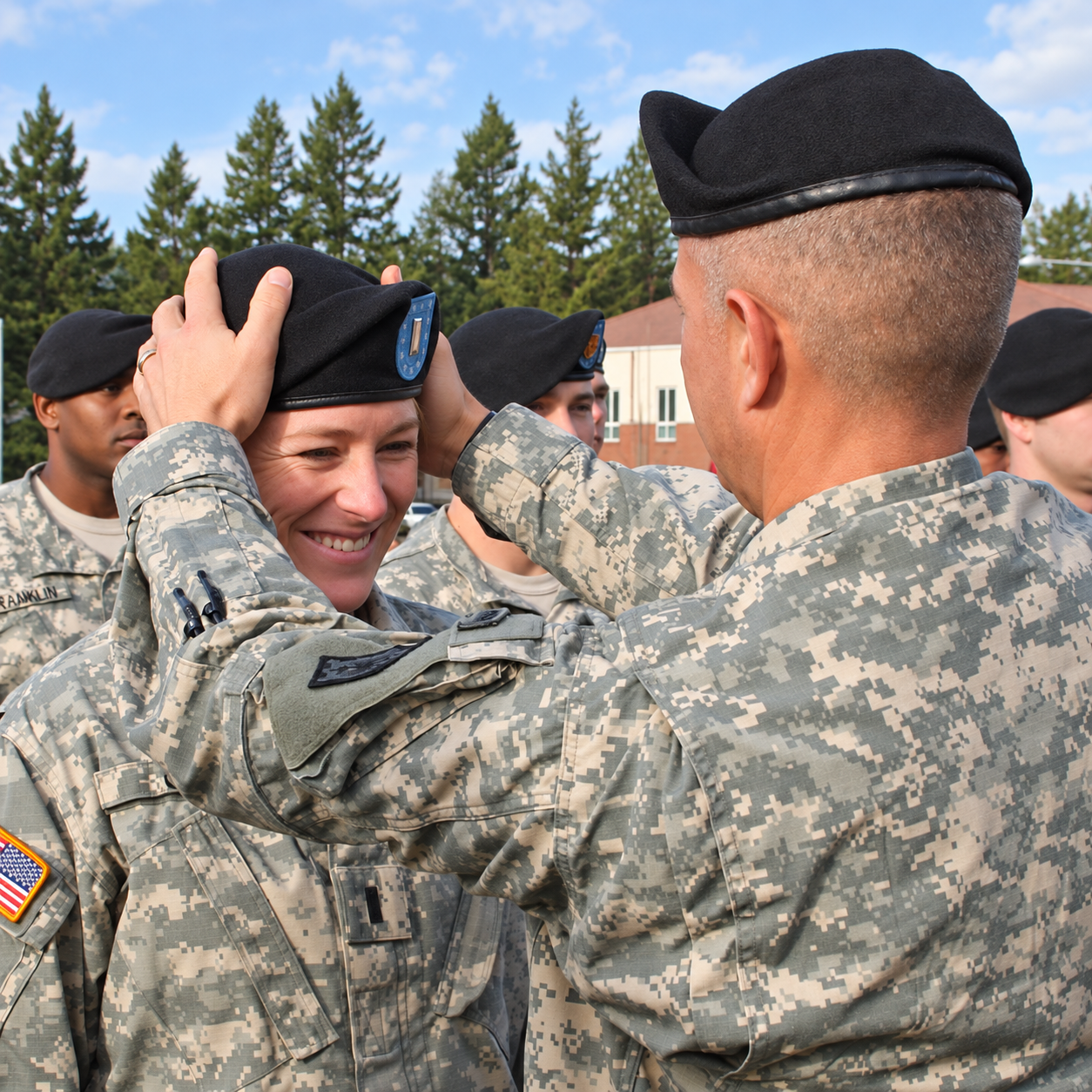 A soldier is being awarded a military medal or rank insignia by an officer, with other soldiers in uniform standing in the background during a ceremony outside.