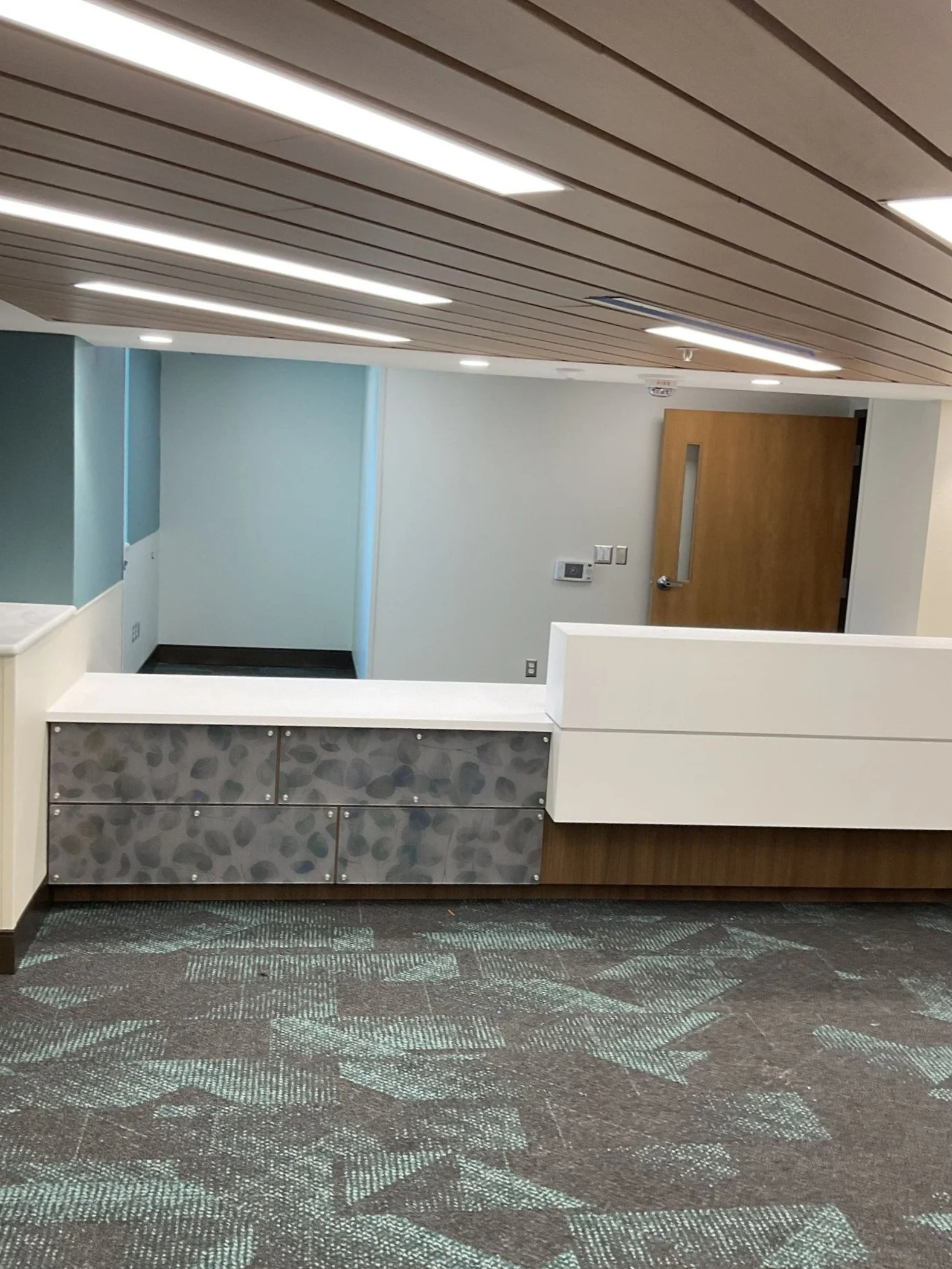 Interior view of an office reception area with a patterned front desk, wooden door, light blue and white walls, and a gray patterned carpet.