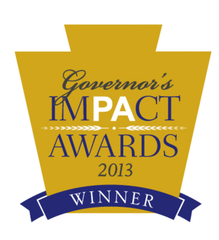 Govenor's Impact Awards 2013 winner badge with gold background, blue ribbon at the bottom, and decorative gold border.