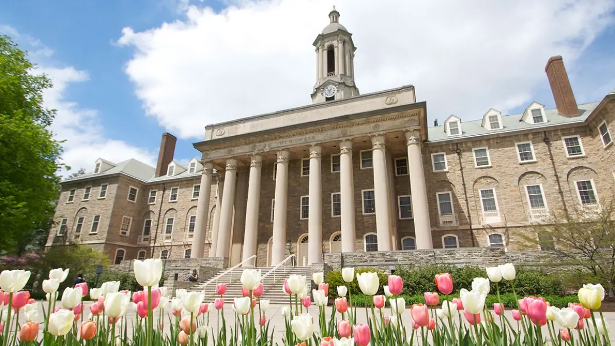 A historic building with a large clock tower, columns at the entrance, and surrounded by blooming tulips in the foreground.