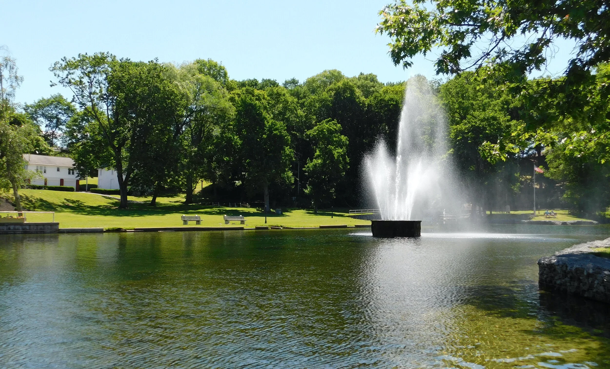 A park scene with a water fountain in a pond, surrounded by green trees and grass, under a clear blue sky.