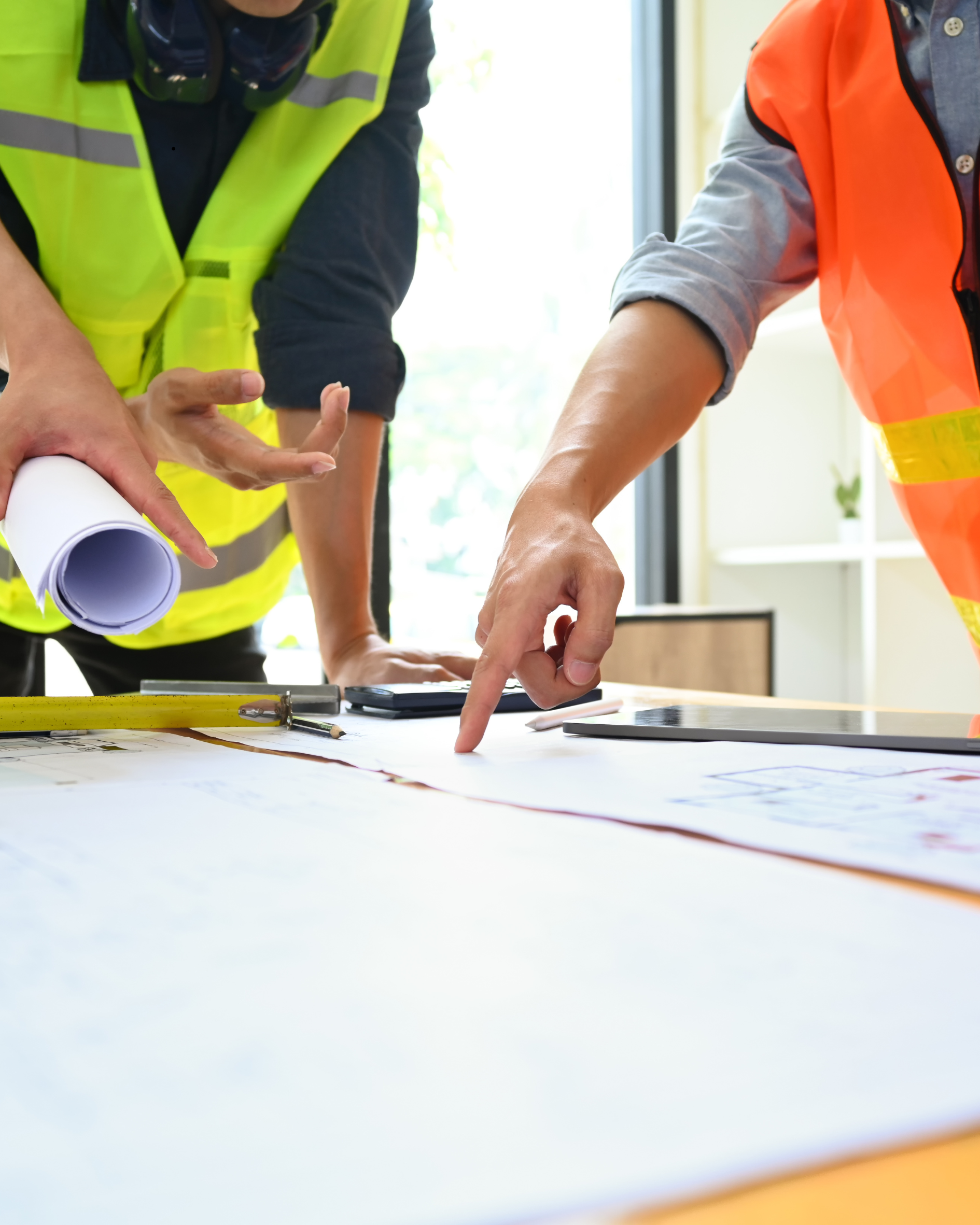 Two construction workers wearing safety vests working at a table with documents and tools.