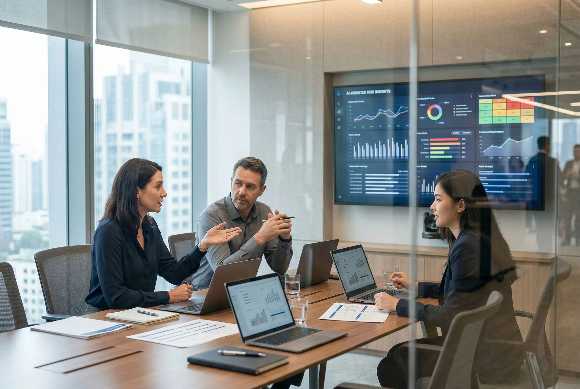 Three coworkers discussing analytics in a conference room.