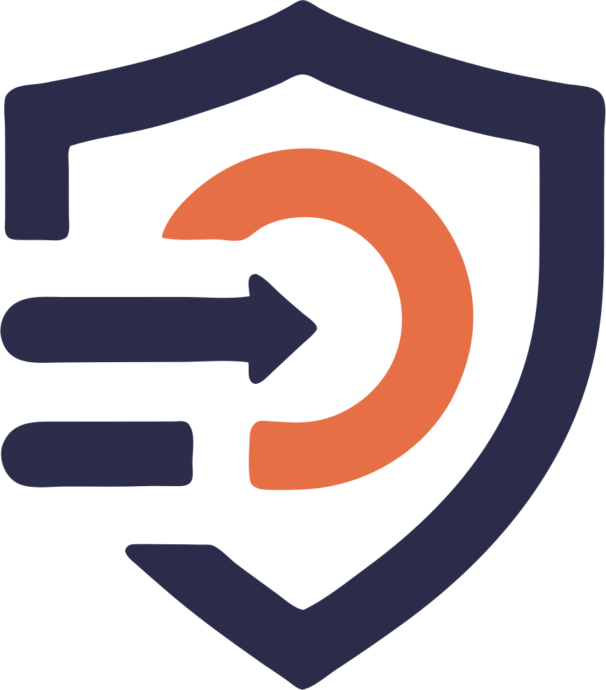 A logo featuring a shield outline with a stylized arrow and a circular design inside, using navy blue and orange colors.